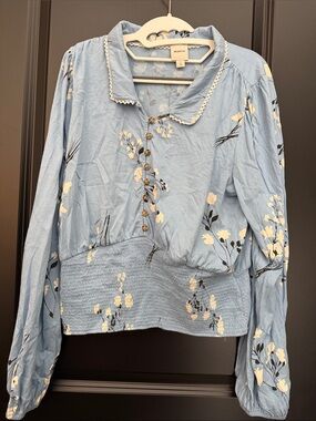 Anthropologie Light Blue Floral Button-Front Smocked Hem Blouse